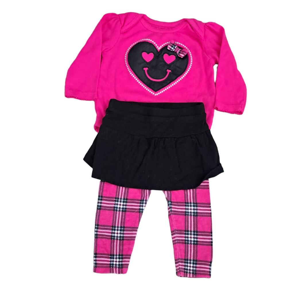 2 FOR $5 SALE Girl's Outfit Heart Face Top Red Plaid Pants/ Attached Skirt 6-9M